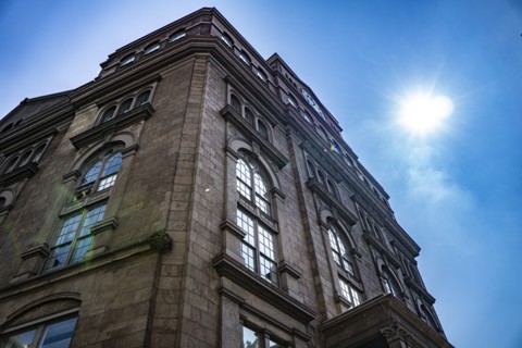Foundation Building, Exterior Façade with Sun Flare, USA
