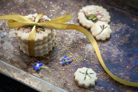 Small Stack of Shortbread Cookies with Bow Tie, Edible Flowers and Gold Sugar,