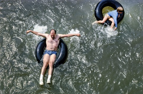 Two People floating in Inner Tube, High Angle View