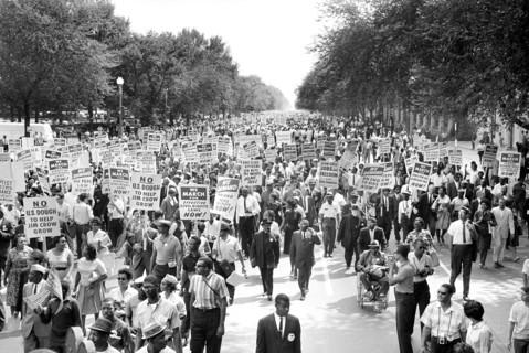 Crowd with Signs at March on Washington for Jobs and Freedom, Washington Monument in Background