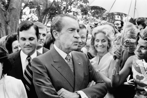 U.S. President Richard Nixon standing in Crowd of People at Daughter Tricia Nixon's Wedding, White House