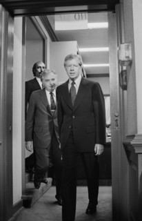 U.S. President Jimmy Carter walks with members of the Three Mile Island Commission, Washington D.C.