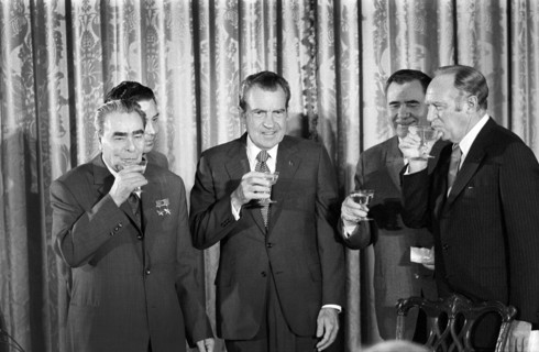 U.S. President Richard Nixon with (left to right) Soviet leader Leonid Brezhnev, Soviet Minister of Foreign Affairs Andrei Gromyko