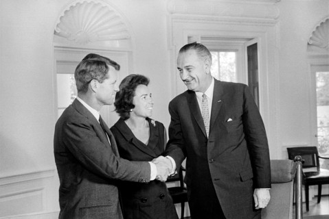 U.S. President Lyndon Johnson greeting Robert and Ethel Kennedy at White House, Washington