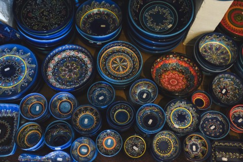 High Angle View of Moorish Ceramic Bowls in Market,