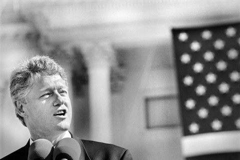 U.S. President Bill Clinton speaking into Microphone at U.S. Capitol during Ceremony for return of Statue of Freedom to the top of U.S. Capitol