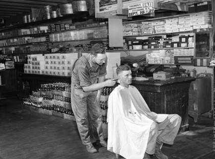 Free haircut on Saturday morning in W.M. Scott's general store. Farrington