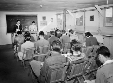 Japanese-American Students sitting in Classroom Laboratory during Science Lecture