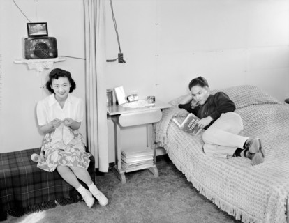Mrs. Shimizu seated on Couch with Lacework
