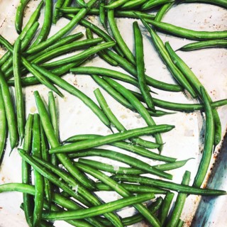 Haricot Verts on Baking Sheet with Sea Salt and Olive Oil