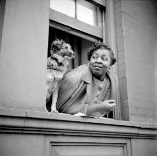 Women with her Dog leaning out of Apartment Window