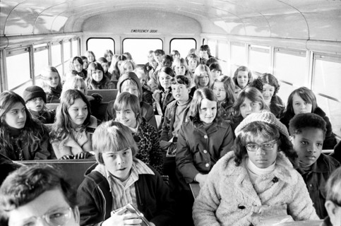 Black and White School Children on School Bus