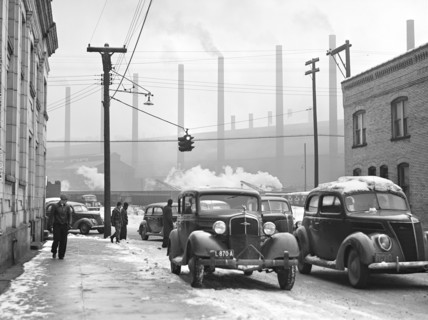Cars of Steelworkers leaving  Mill