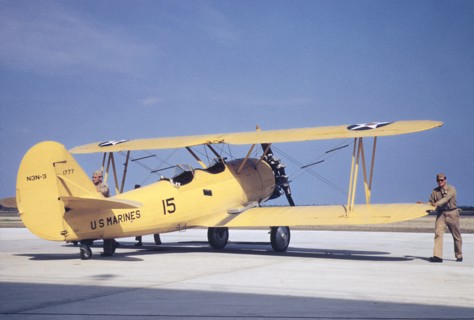 Three-quarter view of Marine Power Plane that tows Training Gliders