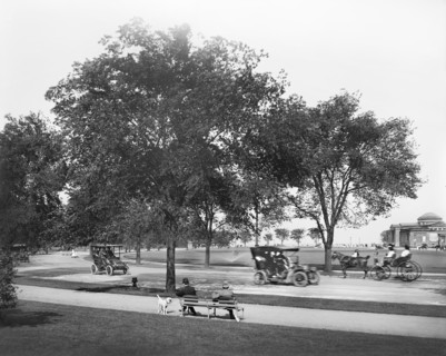 Drive Way through Jackson Park with Palace of Fine Arts (right background)