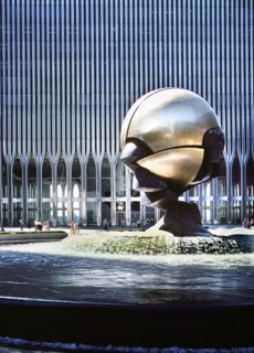 Entrance arches with Sphere at Plaza Fountain sculpture by Fritz Koenig