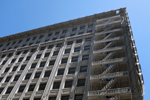 Cast iron fire escape on corner of building