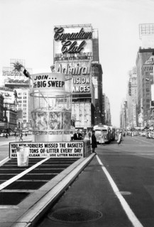 Large Trash Can with sign that reads "Join the Big Sweep" Times Square