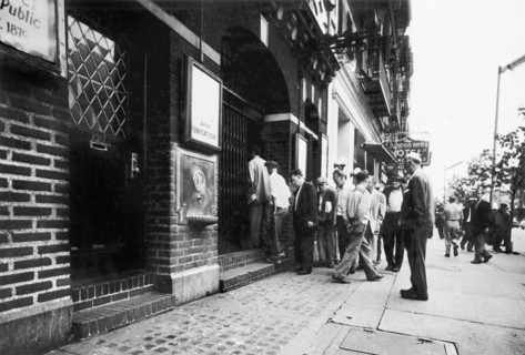 Men lined up outside Bowery Mission and Salvation Army Hotel