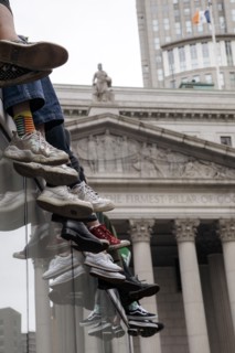 Feet hanging from Building Roof during Abortion Rights Rally