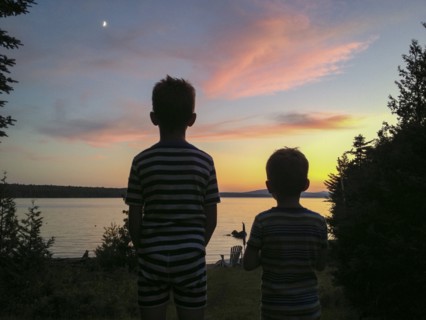 Rear view of two young boys viewing sunset at lake
