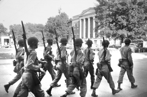 Federalized National Guard Troops on campus when African Americans Vivian Malone and James Hood registered for classed