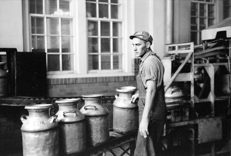 Worker running milk cans through sterilizing machine