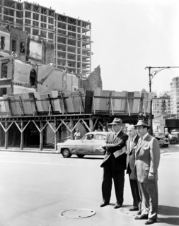 New York City mayor Robert Wagner (right) with Robert Moses (left) and Frank Meistrell (center)