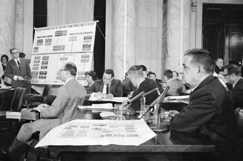Joseph Valachi of the Genovese crime family  testifying about organized crime before  Permanent Subcommittee on Investigations of the U.S. Senate Committee on Government Operations