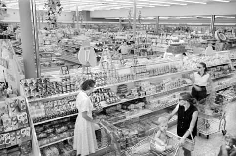 Women with shopping carts in supermarket