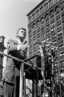 Massachusetts Senator John F. Kennedy speaking at labor rally on Labor Day during U.S. presidential campaign
