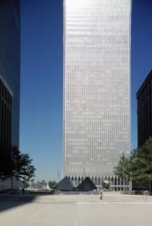 World Trade Center with Cloud Fortress sculpture by Masayuki Nagare and Sphere sculpture by Fritz Koenig at Plaza Fountain