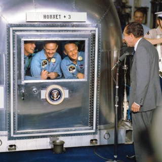 U.S. President Richard Nixon greeting Apollo 11 astronauts Neil A. Armstrong