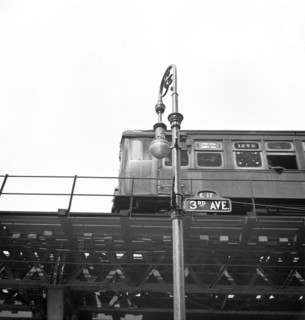 Low angle view of elevated subway train, 3rd Avenue and 17th Street, Manhattan, New York City, New
