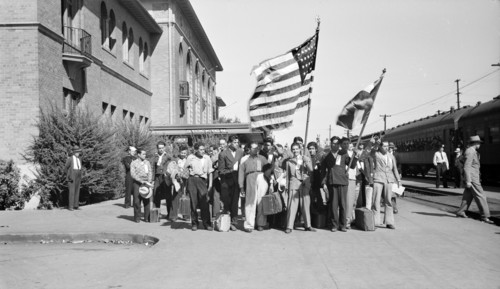 Mexican agricultural laborers arriving by train to help in the harvesting of beets, Stockton,
