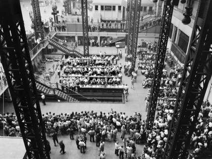 High angle view of U.S. military draftees on their way to trains to induction center, Pennsylvania