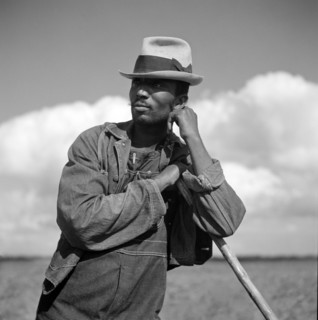 Agricultural worker resting while hoeing cotton on Allen Plantation, operated by Natchitoches