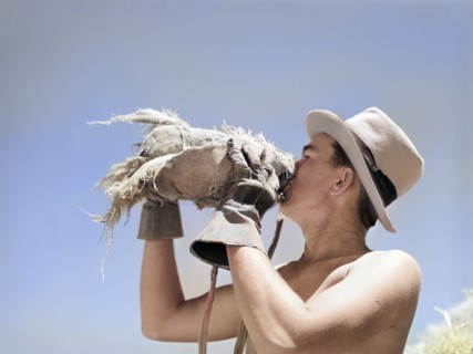 Agricultural worker working in hay field drinking from burlap-covered water bottle, Casa Grande