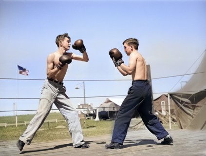 Two transient workers boxing, FSA (Farm Security Administration) migratory farm labor camp, Athena,