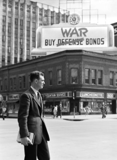 John Cockle on downtown street corner, Lincoln, Nebraska, USA, John Vachon, U.S. Office of War
