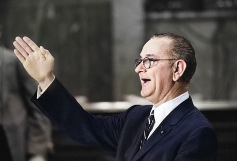U.S. Senator Lyndon B. Johnson gesturing during press conference, John T. Bledsoe, U.S. News &