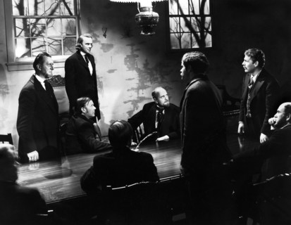 Dean Jagger (standing, 2nd left), Brian Donlevy (standing, far right), on-set of the film, "Brigham