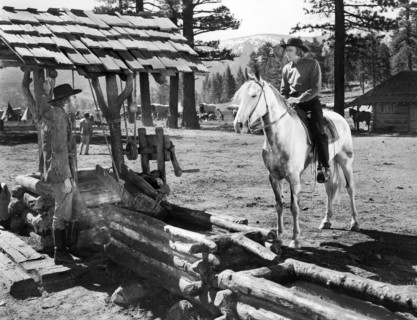 Dean Jagger (right), Arthur Aylesworth (left), on-set of the film, "Brigham Young", 20th