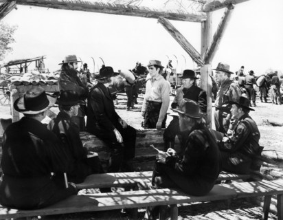 John Carradine, Tyrone Power, Dean Jagger, on-set of the film, "Brigham Young", 20th Century-Fox,