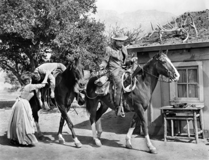 Barbara Hale, Bill Williams, Barry Sullivan, on-set of the film, "Buckskin", Paramount Pictures,