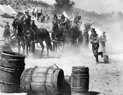 Fight scene, on-set of the film, "Buckskin Frontier", United Artists, 1943