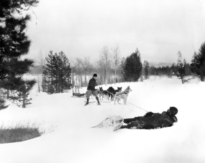 William Duncan (standing) on-set of the silent film, "Wolves of the North", Universal Pictures,