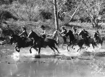 Brian Aherne, Victor McLaglen, John Carradine, John Warburton, on-set of the film, "Captain Fury",