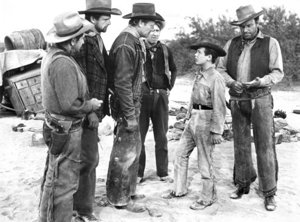 Bob Steele, Henry Brandon, Joel McCrea, Chill Willis, Dean Stockwell, Howard Petrie, on-set of the