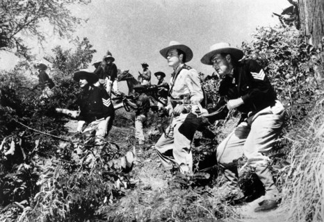 Myron Healey (2nd right), Richard Arlen (right), on-set of the film, "Cavalry Command", aka "The